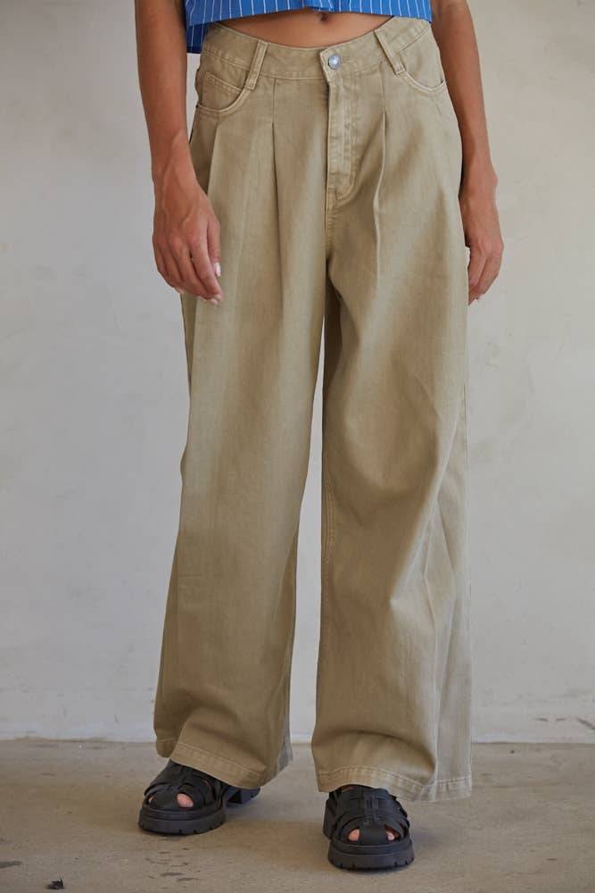 Cotton High Waisted Wide Leg Pants: Khaki- Large