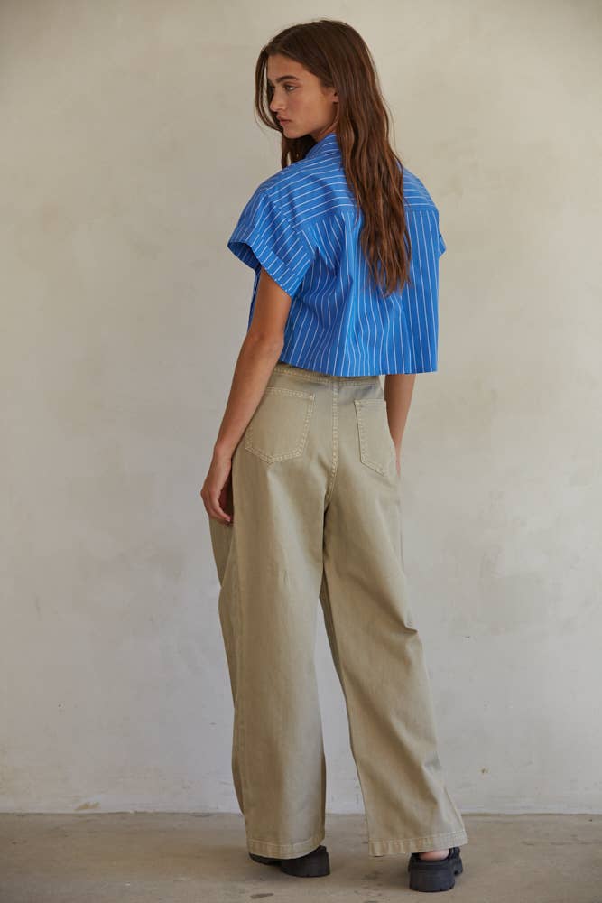 Cotton High Waisted Wide Leg Pants: Khaki- Large